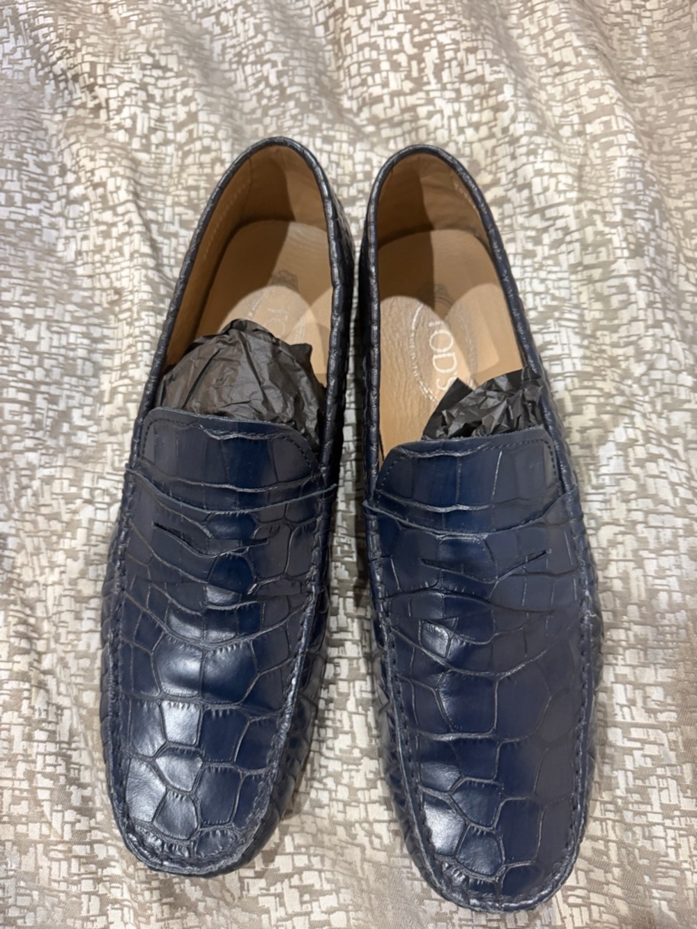 Tod's Navy Croc-Embossed Leather Penny Loafers